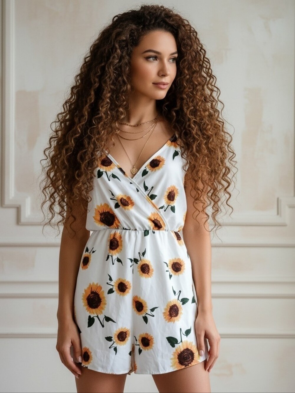 SHEIN White Sunflower Print Spaghetti Strap V-Neck Wrap Style Romper Size Large